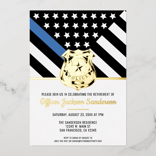 Invitación Con Relieve Metalizado Jubilación de la policía Aplicación de la ley de l (Anverso)