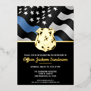 Invitación Con Relieve Metalizado Jubilación de la Policía Línea Azul Fina Aplicació