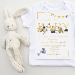 Invitación Con Relieve Metalizado Juguete Vintage de Baby Shower de Hoja Real de Oro