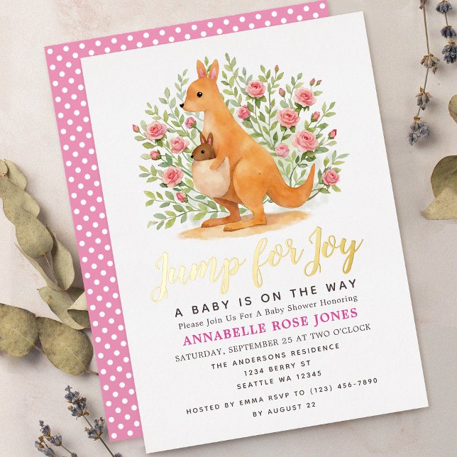Invitación Con Relieve Metalizado Jump For Joy Cute Kangaroo Girl Baby Shower (Subido por el creador)