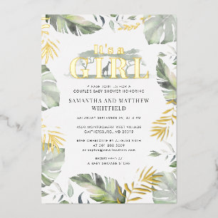Invitación Con Relieve Metalizado Jungle Safari Jirafa Chicas Baby Shower Dorado