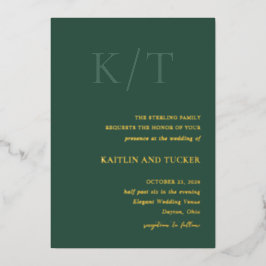Invitación Con Relieve Metalizado Kaitlin Hunter Green Bold Monograma Elegante Boda