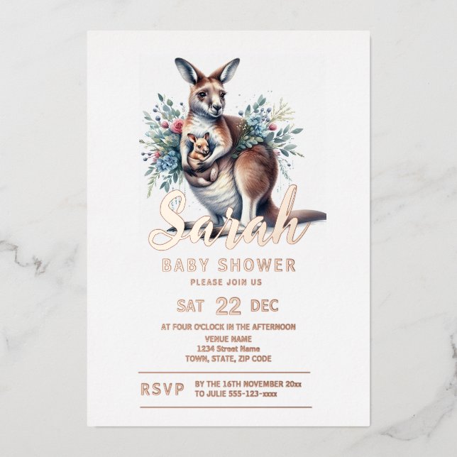 Invitación Con Relieve Metalizado Kangaroo Baby Shower (Anverso)
