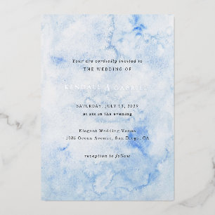 Invitación Con Relieve Metalizado Kendall Blue Watercolor Elegante Boda