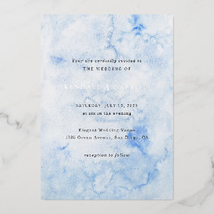 Invitación Con Relieve Metalizado Kendall Blue Watercolor Elegante Boda