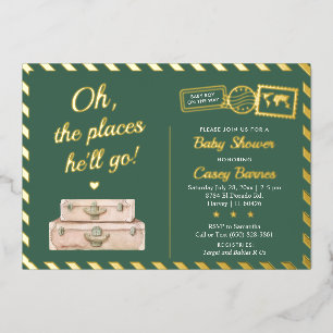 Invitación Con Relieve Metalizado Khaki Green Gold Adventure Travel Baby Shower