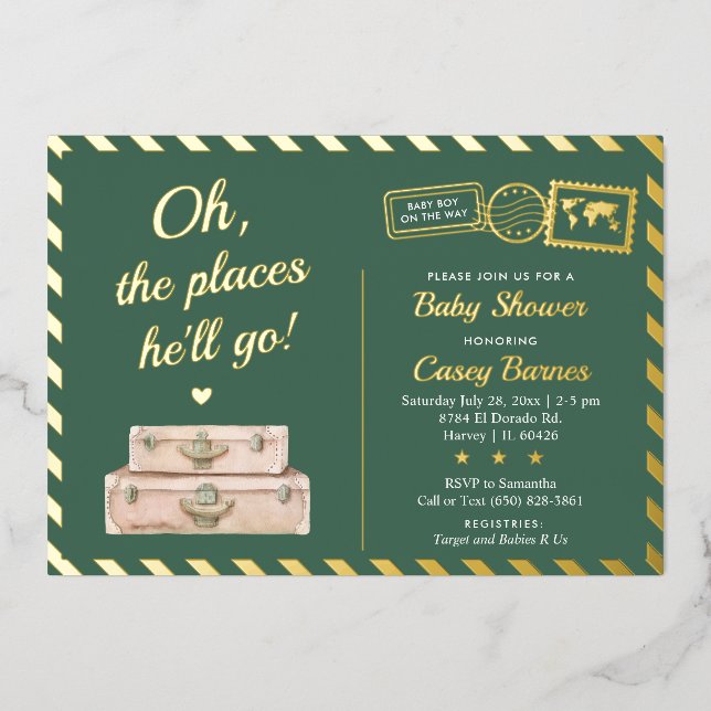 Invitación Con Relieve Metalizado Khaki Green Gold Adventure Travel Baby Shower (Anverso)