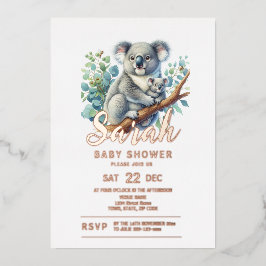 Invitación Con Relieve Metalizado Koala Baby Shower