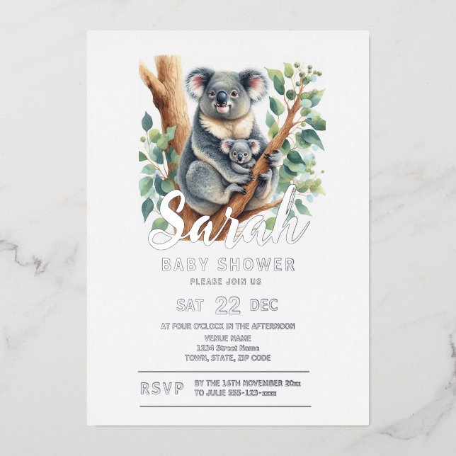 Invitación Con Relieve Metalizado Koala Baby Shower (Anverso)