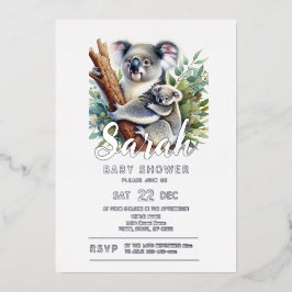 Invitación Con Relieve Metalizado Koala Baby Shower