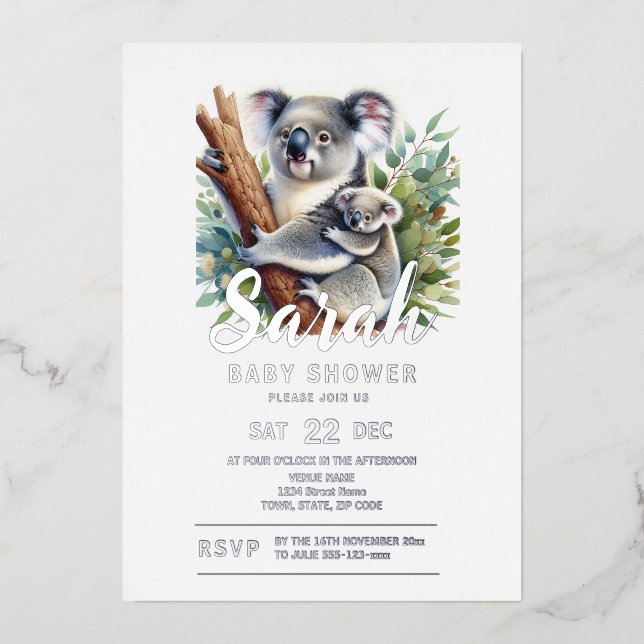 Invitación Con Relieve Metalizado Koala Baby Shower (Anverso)