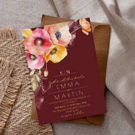 Invitación Con Relieve Metalizado La acuarela de oro y borgoña alimenta al Boda flor