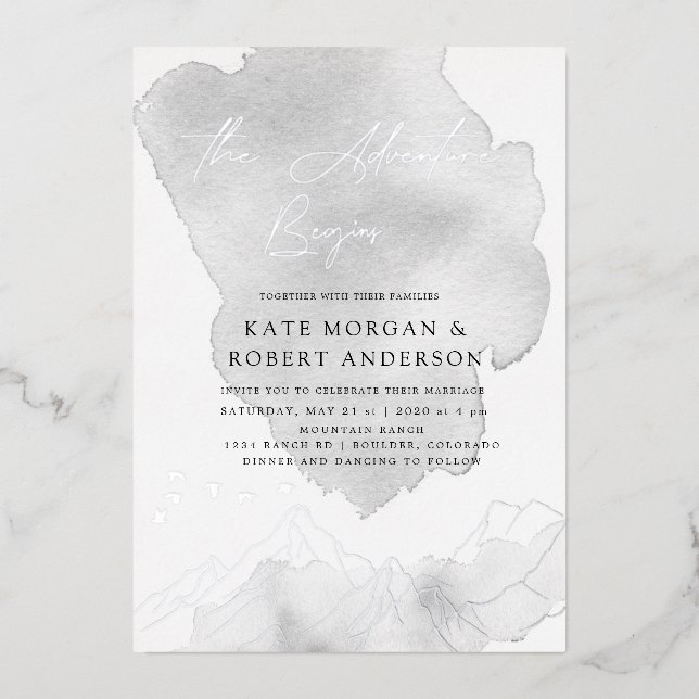 Invitación Con Relieve Metalizado La aventura comienza una elegante boda (Anverso)