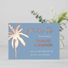 Invitación Con Relieve Metalizado La Boda Blue Gold Palm Tree Beach Ahorra La Fecha