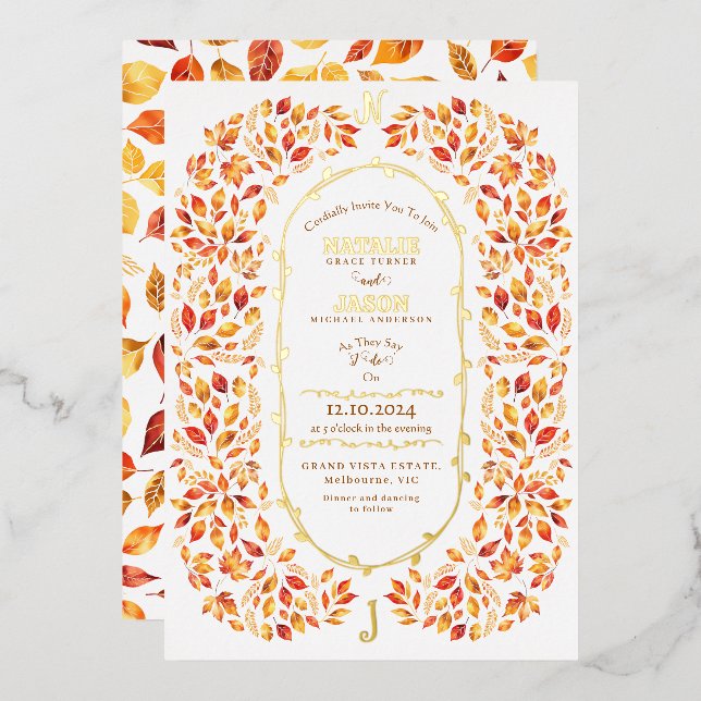 Invitación Con Relieve Metalizado La caída elegante deja al Boda del Boho ruso (Anverso/Reverso)