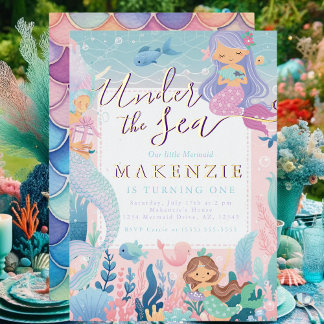 Invitación Con Relieve Metalizado La caprichosa sirena pastel bajo el mar