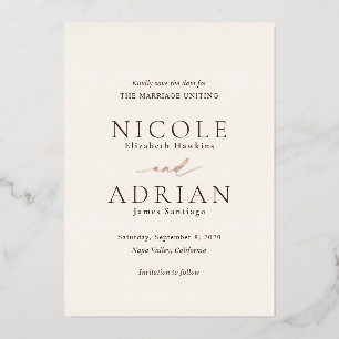 Invitación Con Relieve Metalizado La clásica boda elegante de marfil salva la fecha