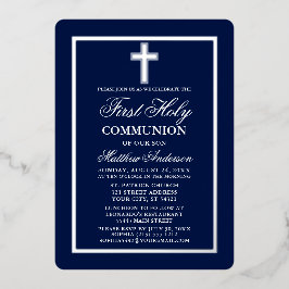 Invitación Con Relieve Metalizado La cruz de la comunión azul de la marina primero
