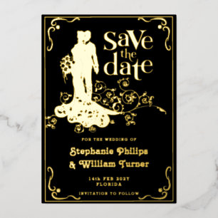Invitación Con Relieve Metalizado La elegante silueta de bodas salva la fecha