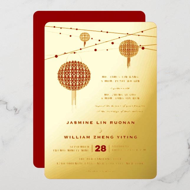 Invitación Con Relieve Metalizado La felicidad doble enciende al Boda chino moderno (Anverso/Reverso)
