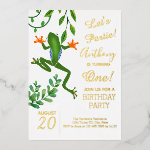 Invitación Con Relieve Metalizado La fiesta de cumpleaños de la rana cumple un año F