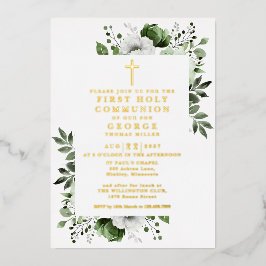 Invitación Con Relieve Metalizado La flor verde del Boho Primero el oro de la comuni