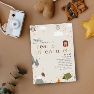 Invitación Con Relieve Metalizado La mayor aventura Baby Shower de género neutral en