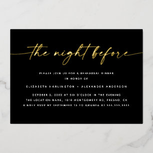 Invitación Con Relieve Metalizado La Noche Antes Cena de Ensayo de Letra Dorada