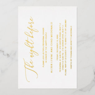 Invitación Con Relieve Metalizado La Noche Antes de la Cena de Ensayo Moderna de Oro