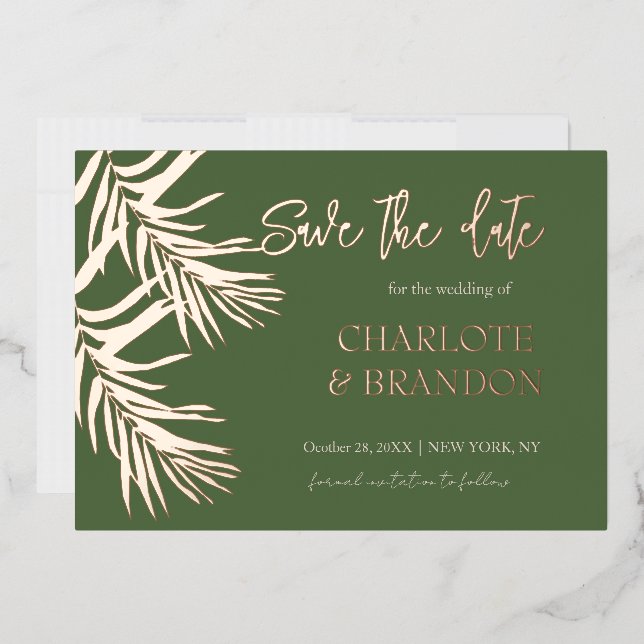 Invitación Con Relieve Metalizado La Palma Verde Deja La Boda Salva La Fecha (Sobre)