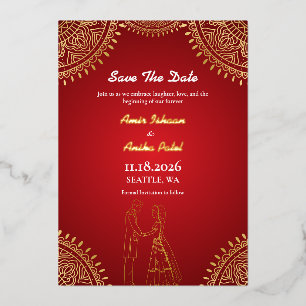Invitación Con Relieve Metalizado La pareja india Boda Red Gold salva la fecha