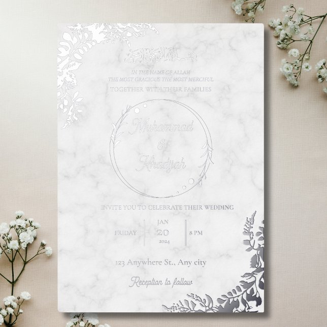 Invitación Con Relieve Metalizado La plata deja a la Boda musulmana de mármol blanco (Subido por el creador)