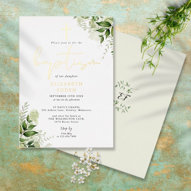 Invitación Con Relieve Metalizado La vegetación rústica deja un elegante bautismo mo (Subido por el creador)