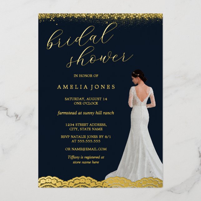 Invitación Con Relieve Metalizado Lace Navy Gold Bride Vestido Bridal Ducha (Anverso)