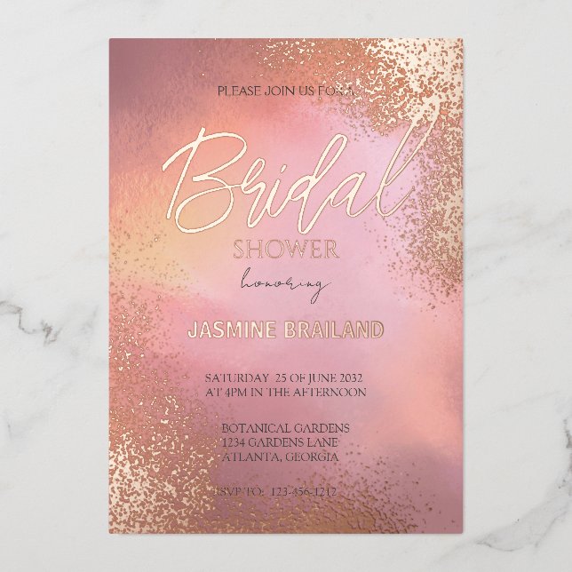 Invitación Con Relieve Metalizado Lágrima cósmico hombre rosa ducha de novia espuma (Anverso)