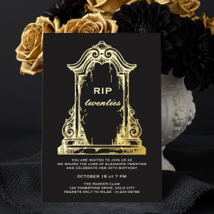 Invitación Con Relieve Metalizado Lápida RIP Veinteañera Cumpleaños 30 Dorado