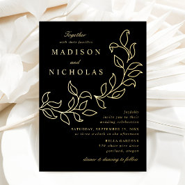 Invitación Con Relieve Metalizado Las hojas en cascada Boda negro y oro