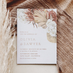 Invitación Con Relieve Metalizado Las orquídeas blancas y la palma seca dejan al Bod