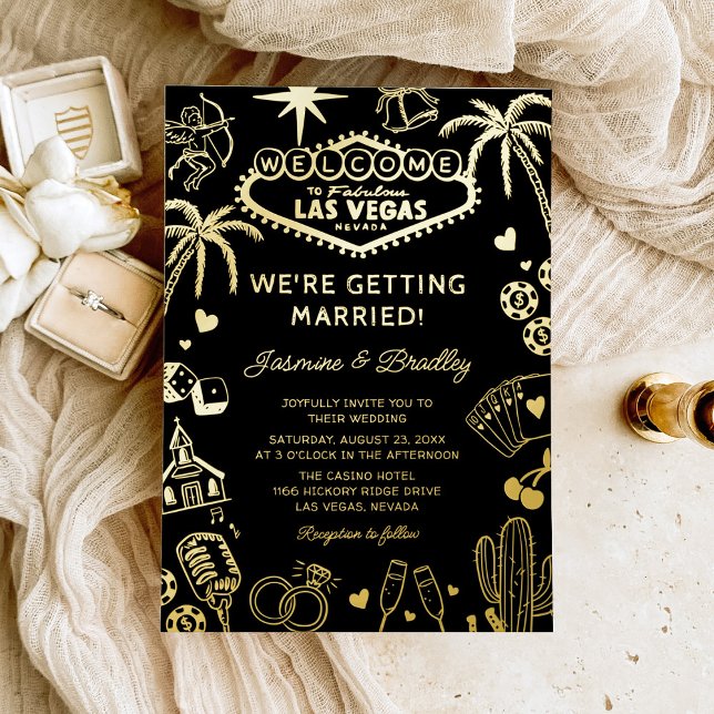 Invitación Con Relieve Metalizado Las Vegas Fun Doodle Wedding Black & Gold (Subido por el creador)