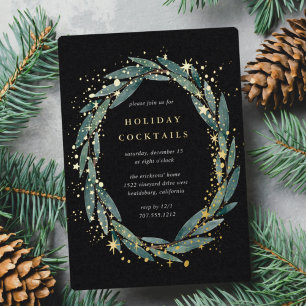 Invitación Con Relieve Metalizado Laurel de Invierno Estrellado Fiesta Navideña