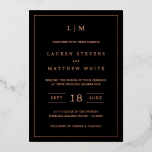 Invitación Con Relieve Metalizado Lauren Black Monogram Elegant Wedding