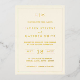 Invitación Con Relieve Metalizado Lauren Cream Monogram Elegant Wedding