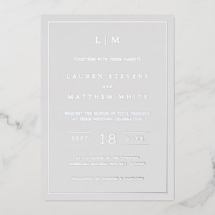 Invitación Con Relieve Metalizado Lauren Silver Monograma Elegante Boda