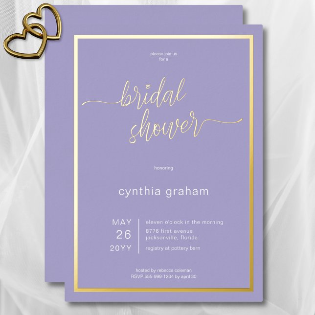 Invitación Con Relieve Metalizado Lavanda Morada Moderna Ducha Mínima Bridal (Lavender Purple Modern Minimal Bridal Shower Foil Invitation)