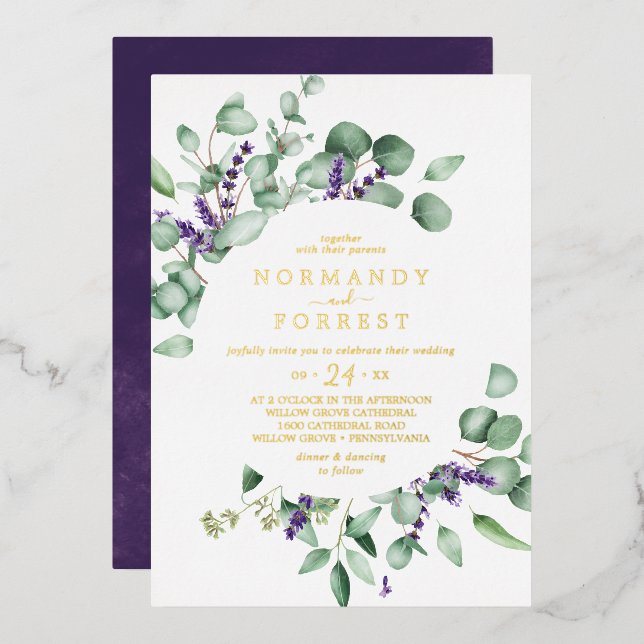 Invitación Con Relieve Metalizado Lavanda rústica | Relieve metalizado dorado Boda C (Anverso/Reverso)