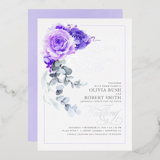 Invitación Con Relieve Metalizado Lavender Boda de Boho Floral Purple & Relieve meta (Anverso/Reverso)