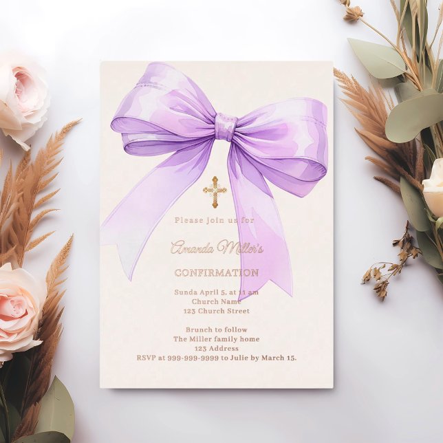 Invitación Con Relieve Metalizado Lavender bow cream girl Confirmation rose gold (Subido por el creador)