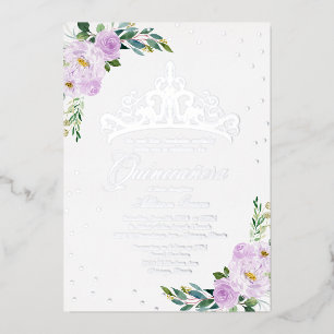 Invitación Con Relieve Metalizado Lavender Floral Quinceanera