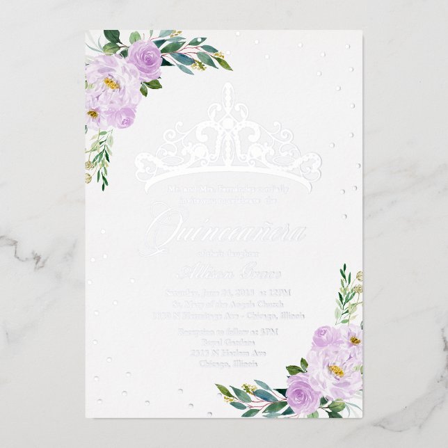 Invitación Con Relieve Metalizado Lavender Floral Quinceanera (Anverso)