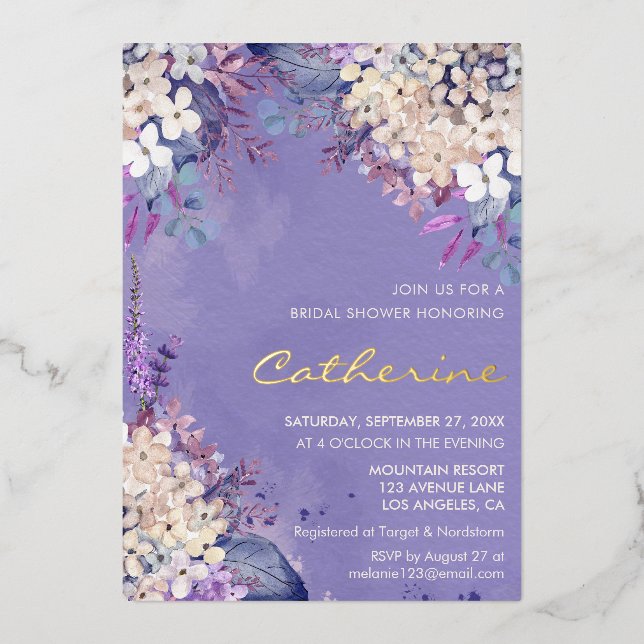 Invitación Con Relieve Metalizado Lavender Floral Spring Weddal Bridal Shower (Anverso)